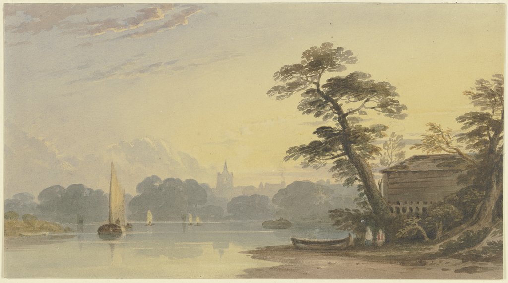 Flußlandschaft mit Kirche im Hintergrund, Deutsch, 19. Jahrhundert