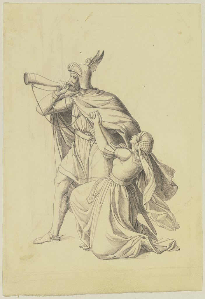 Frau vor einem mit Horn blasendem Krieger kniend, Deutsch, 19. Jahrhundert