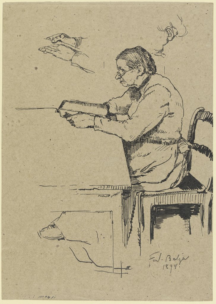 Sitzende ältere Schäfersfrau lesend, Ferdinand Balzer