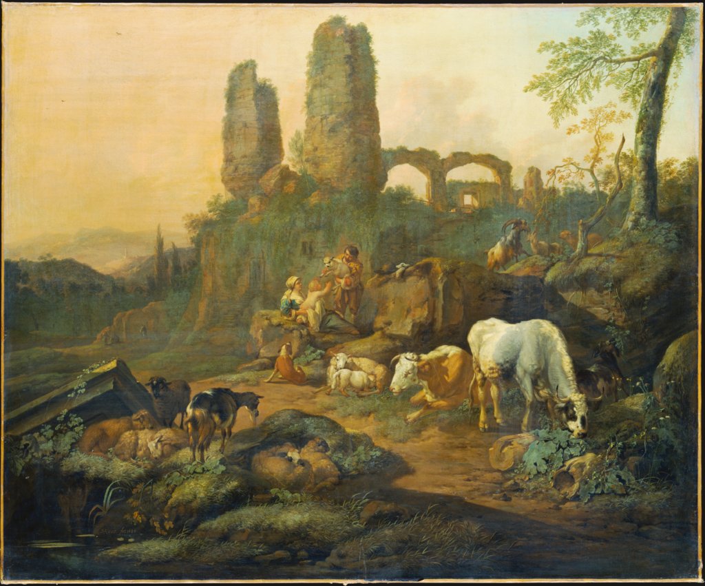 Landschaft mit Hirtenfamilie vor einer Ruine, Johann Heinrich Roos