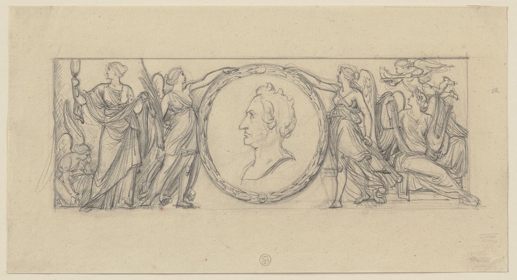 Weibliche Genien halten ein Medaillon mit dem Bildnis Goethes, Bernhard Neher the Younger
