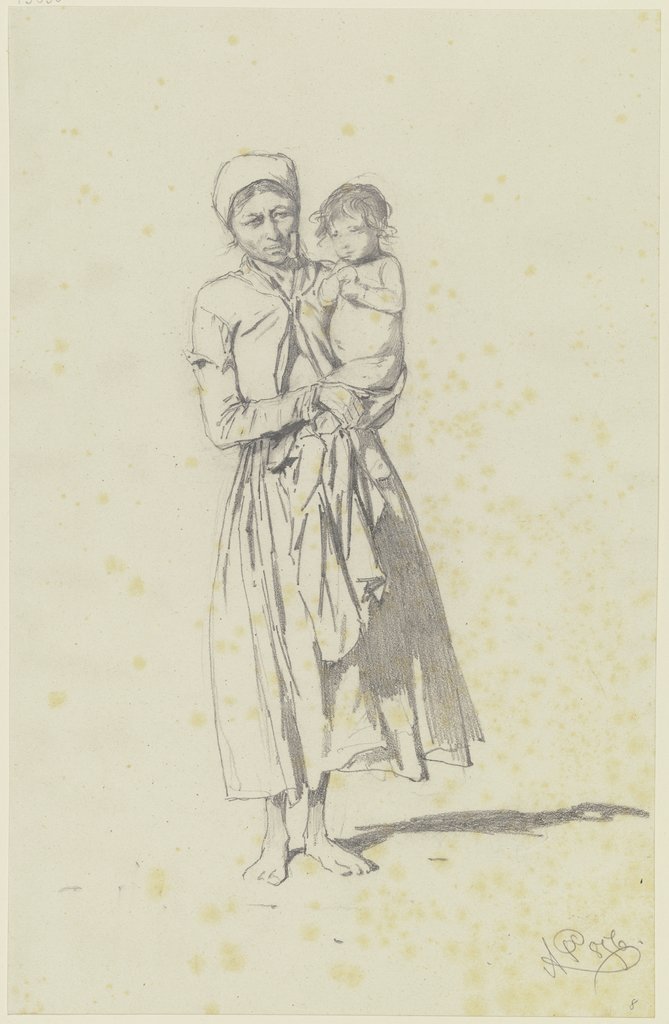 Stehende Bäuerin, ein Kind im Arm haltend, August von Pettenkofen
