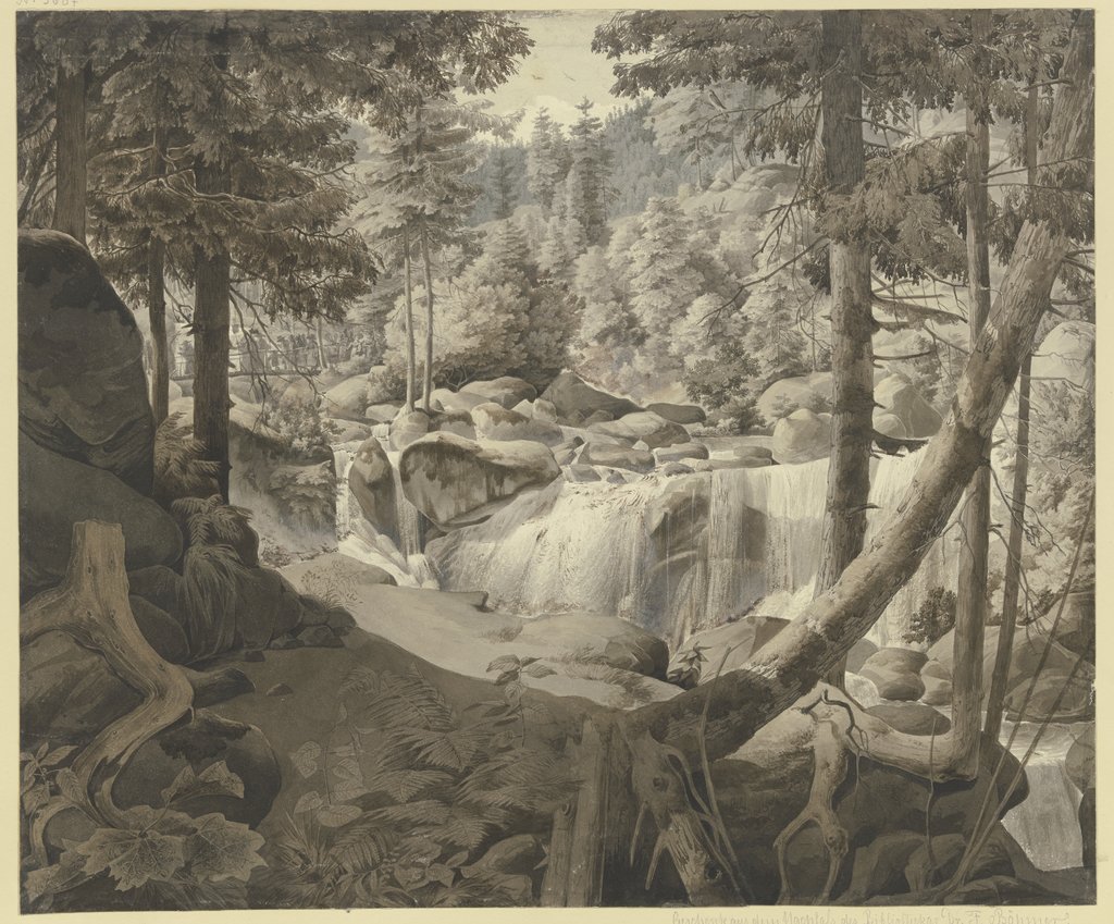 Waldlandschaft mit Wasserfall, im Hintergrund Pilger, über eine Brücke gehend, August Lucas