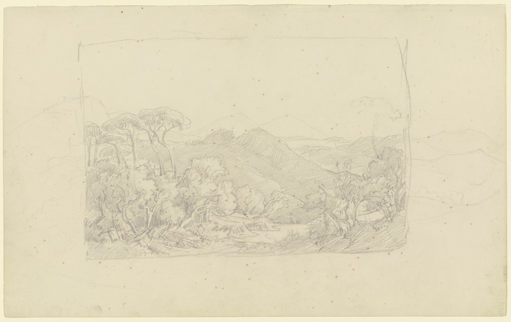Sabiner Berge, im Vordergrund eine Piniengruppe, August Lucas