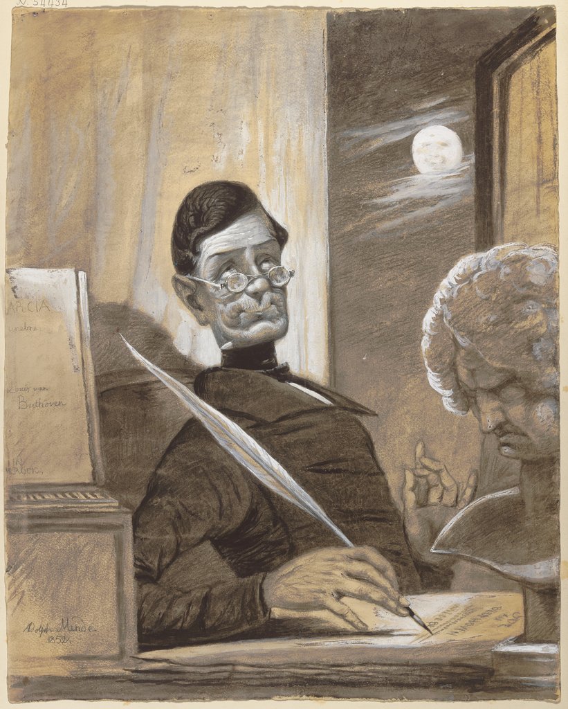 Der Musikschriftsteller Anton Schindler bei Mondschein an seinem Schreibtisch sitzend, neben ihm die Büste seines angeblichen Freundes Ludwig van Beethoven, Adolph Mende