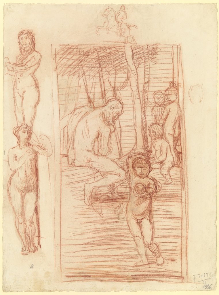 Alter Mann und Kinder, daneben weibliche Aktstudien und Skizze eines Reiters, Hans von Marées