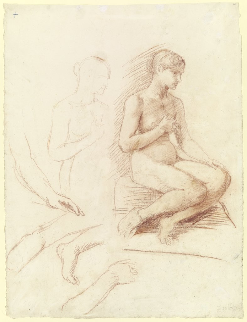Weiblicher sitzender Akt, daneben Bein- und Armstudien, Hans von Marées
