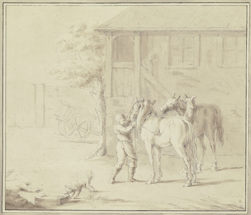 Zwei Pferde werden in einem Hofe von einem jungen Pferdeknecht angeschirrt, eine Frau kommt über die offene Holztreppe der Bauernklause, Franz Pforr