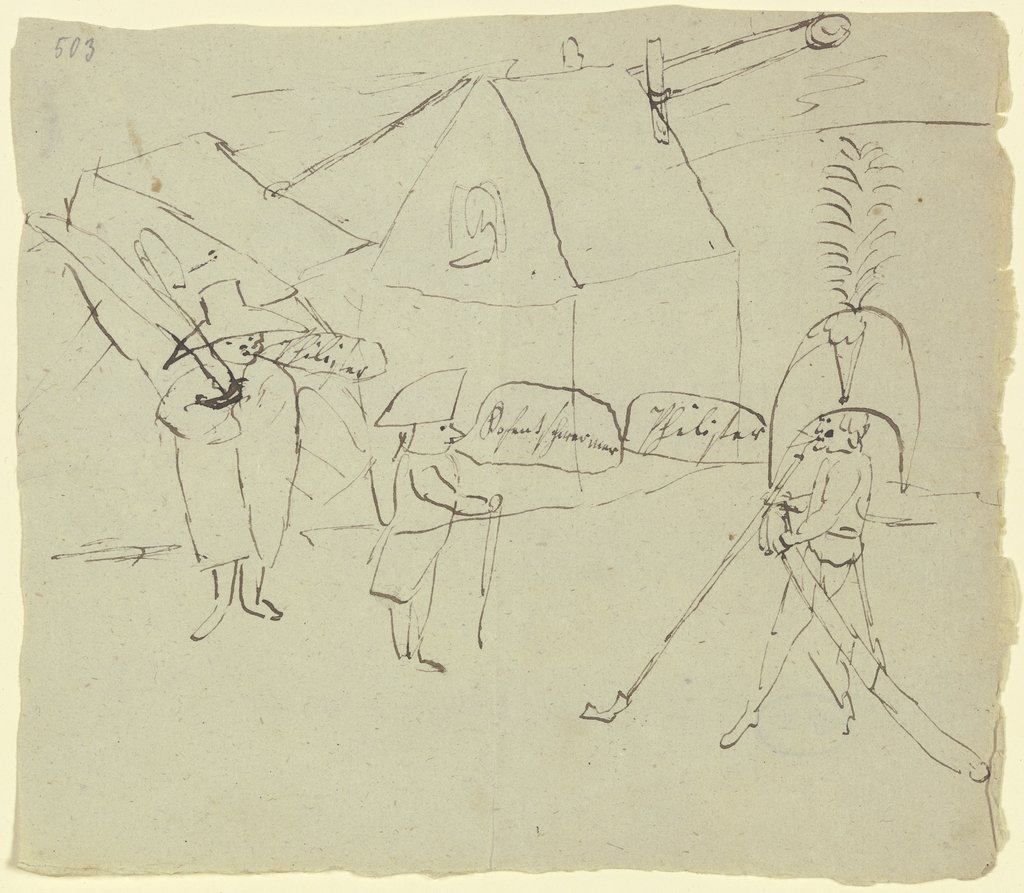 Zwei Männer und ein Soldat mit Sprechblasen, Franz Pforr