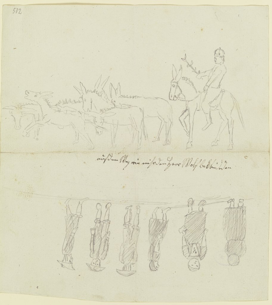 Eselherde, von einem Eselreiter getrieben; eine Frau und ein Mann, in je drei Ansichten, Franz Pforr