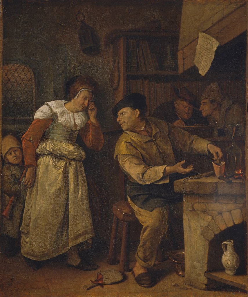Ein Goldschmied schmilzt in Anwesenheit eines Notars den Schmuck einer Frau ein: "Der Alchemist", Jan Steen