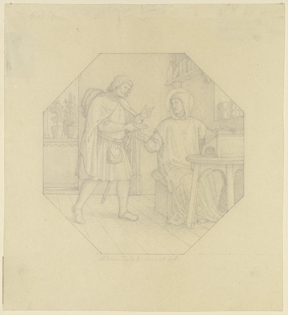 Ein Kurier übergibt einem nimbierten Gelehrten einen Brief, Johannes von Schraudolph