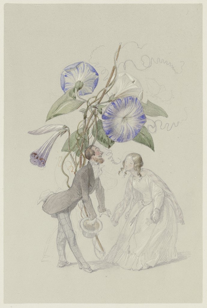 Ein Bouquet von blauen Winden, darunter ein sich voreinander verbeugendes Paar, Adolf Schroedter