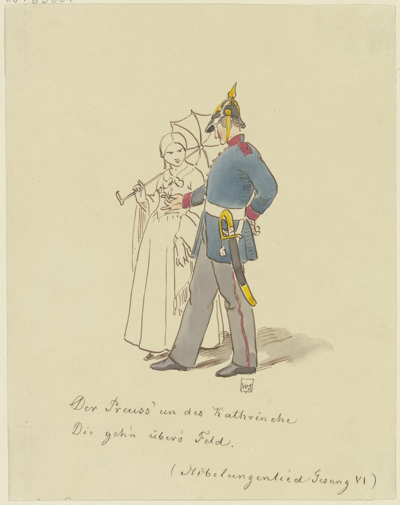 Preußischer Soldat und junge Frau mit Schirm, Adolf Schroedter