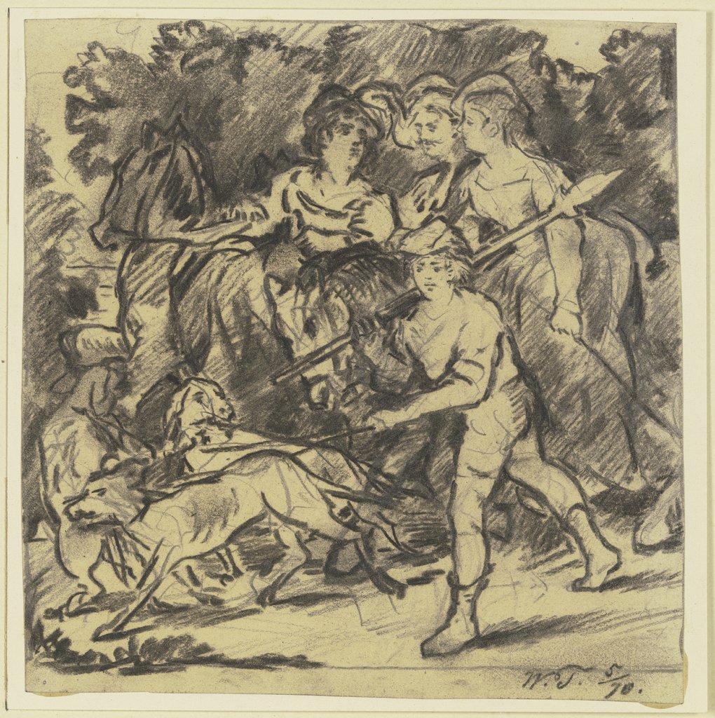 Zwei Edelfräulein und ein Knappe reiten auf die Jagd, dabei Bursche und Rüden, Wilhelm Trübner