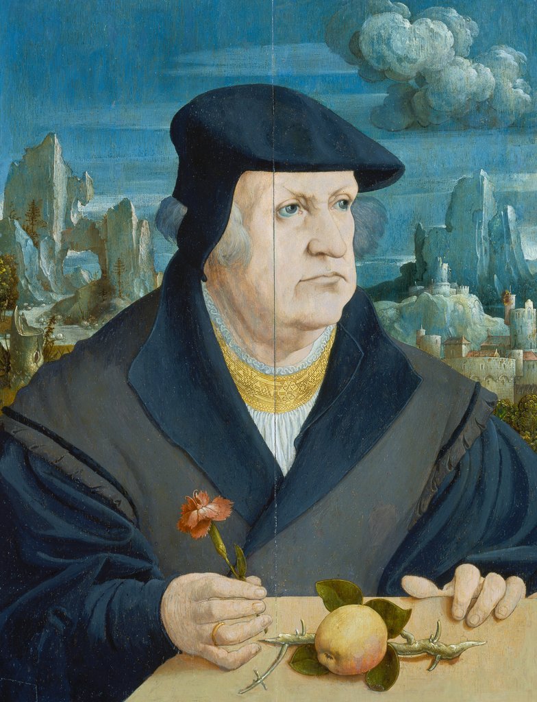 Bildnis eines Mannes mit Nelke vor einer Landschaft, Gerlach Flicke;   ?