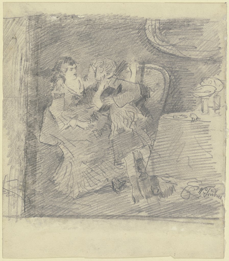 Dame und Herr mit Kind auf einem Sofa, daneben Tisch mit Glas und Fruchtschale, Wilhelm Trübner