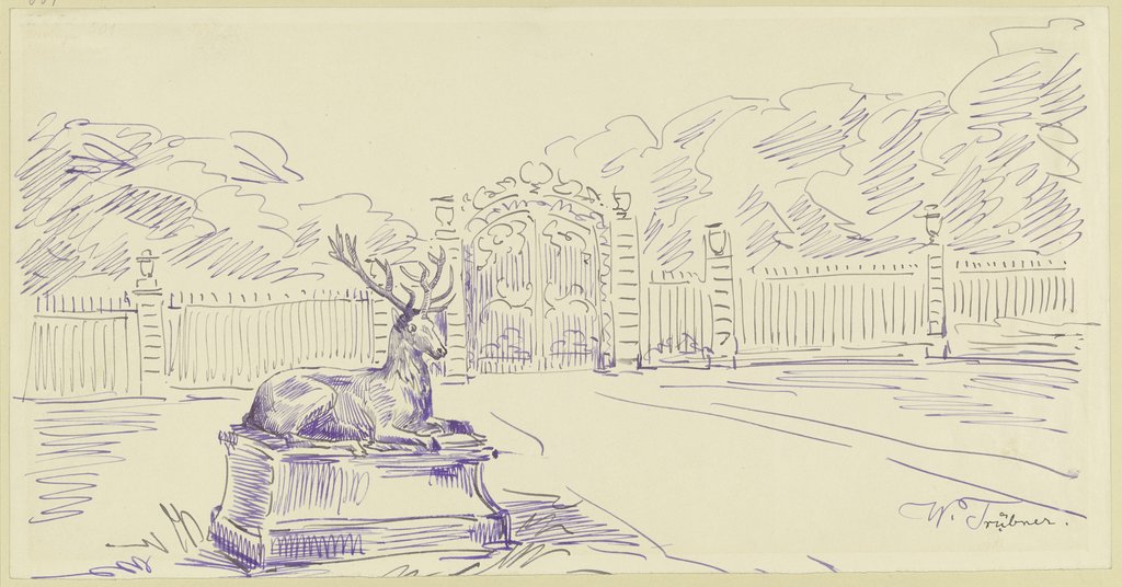 Parkeingang mit dem Bildwerk eines liegenden Hirschen, Wilhelm Trübner