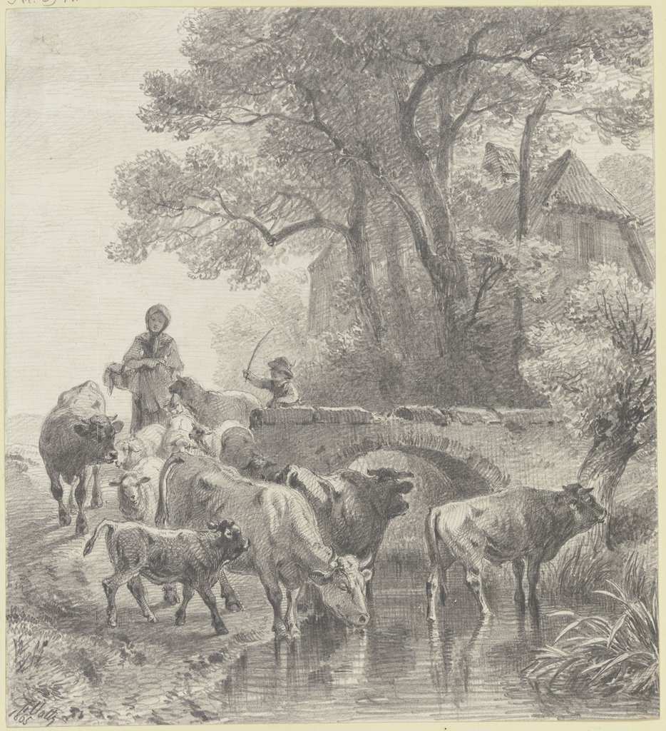 Eine zur Tränke getriebene Viehherde, Friedrich Voltz