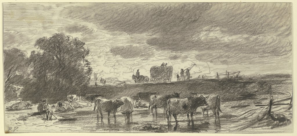 Landschaft in Gewitterstimmung mit einer Viehherde im Vordergrund und einem Erntewagen am Horizont, Friedrich Voltz