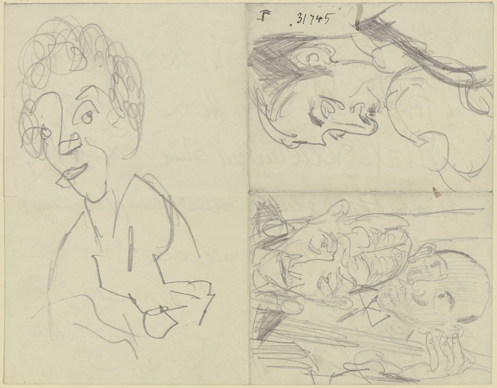 Frauenkopf, ein Geiger, zwei Bassisten (Drei verschiedene Skizzen auf einem durch Knicke in vier Felder unterteilten Papierbogen), Max Beckmann