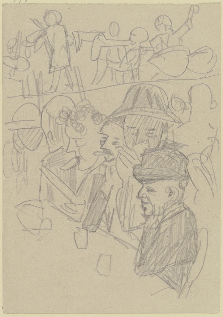 Männer an einem Tisch mit Gläsern, im Hintergrund eine Musikkapelle, Max Beckmann