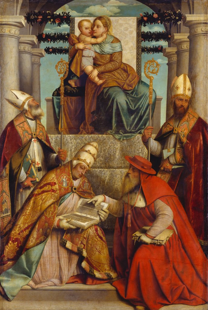 Thronende Madonna mit Kind und den vier lateinischen Kirchenvätern, Moretto da Brescia