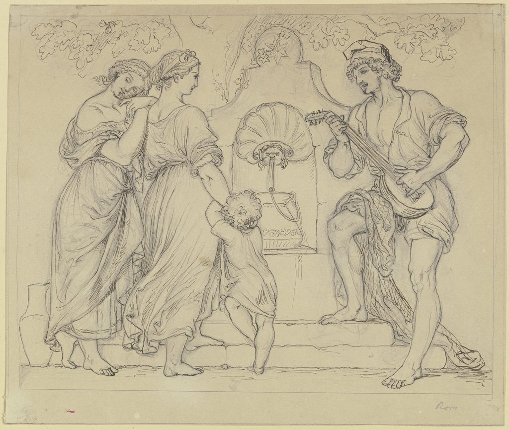 Am Brunnen spielt ein Jüngling  zwei Mädchen und einem Kind auf der Laute vor, Jakob Gustav Kaupert