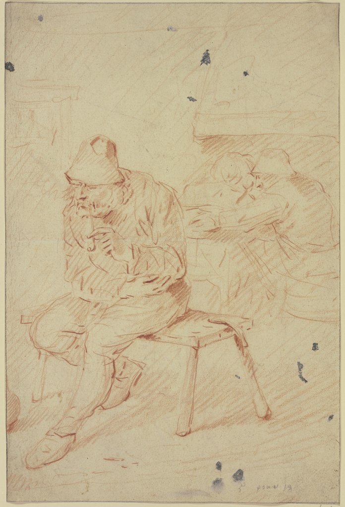 Ein rauchender Bauer sitzt auf einer Bank, im Hintergrund umarmt ein Mann eine Frau, Egbert Jaspersz. van Heemskerck