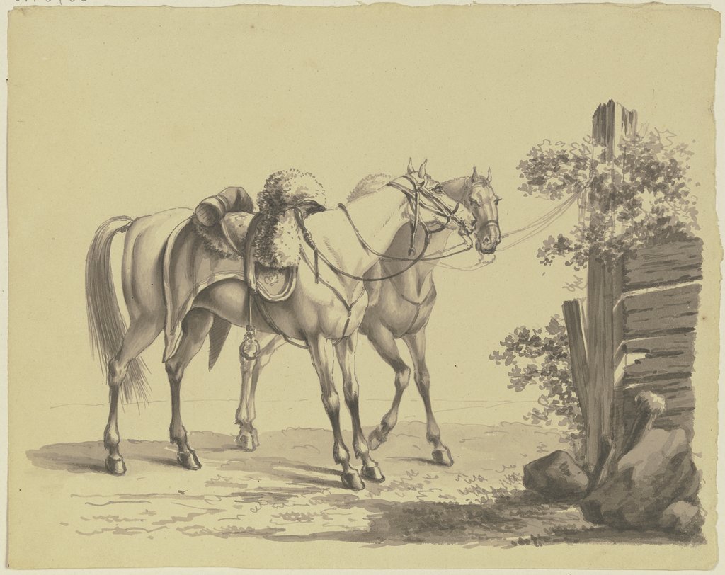 Zwei gesattelte Militärpferde, an einen Pfahl gebunden, Johann Adam Klein