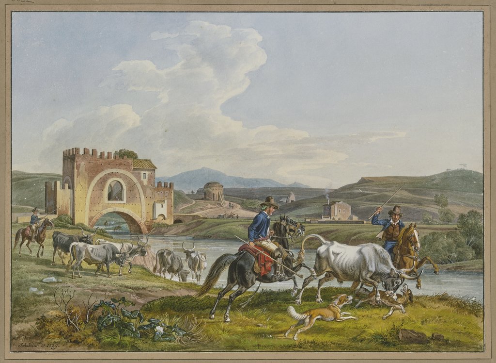 Römische Campagnoli zu Pferde fangen mit Hunden einen Stier ein, Johann Adam Klein