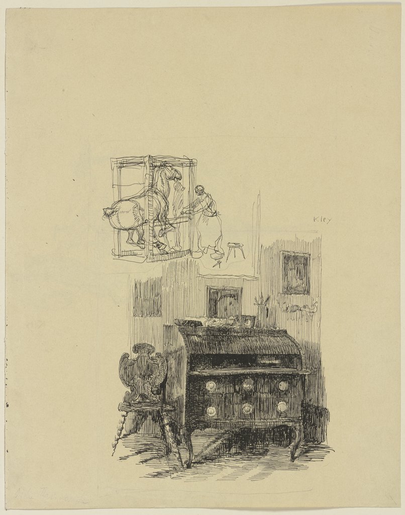 Zimmerecke mit Sekretär und Stuhl; darüber Skizze eines Schmiedes, der ein Pferd beschlägt, Heinrich Kley