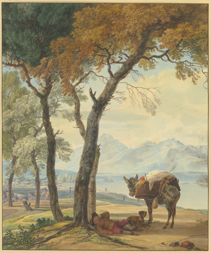 Schlafender Eseltreiber unter einem Baum an einem See, Wilhelm von Kobell