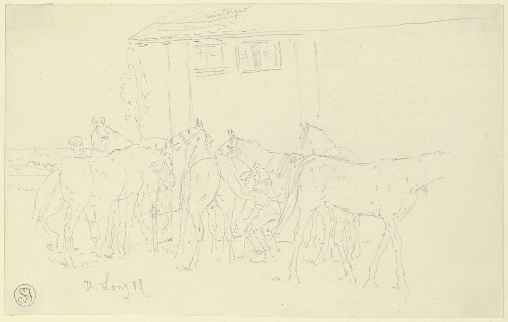 Cleaning the horses in the camp, Heinrich Lang