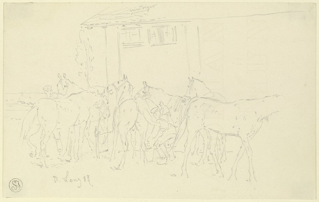 Putzen der Pferde im Lager, Heinrich Lang