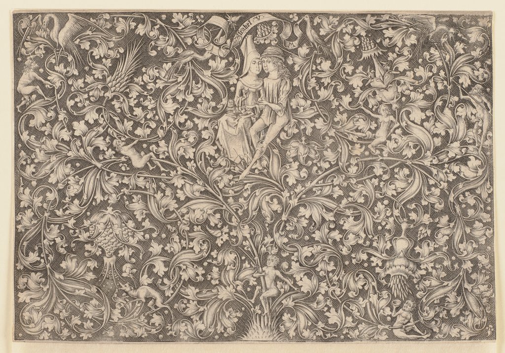 Ornamental panel with Two Lovers, Israhel van Meckenem the Younger