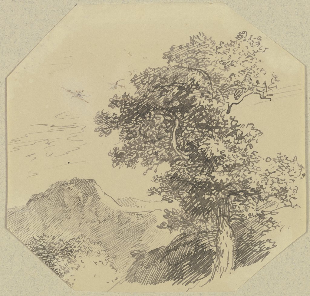 Gebirgslandschaft, rechts vorne ein großer Baum, Carl Friedrich von Rumohr