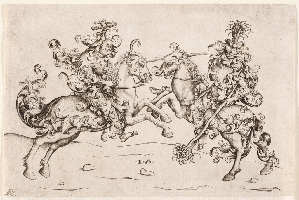 Joust of Two Wild Men on Horseback, Israhel van Meckenem the Younger, after Master of the Housebook