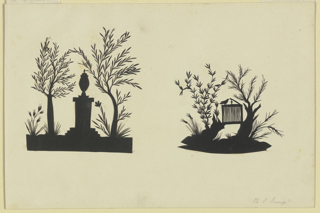 Altar mit antiker Vase und Vogelkäfig zwischen zwei Baumstümpfen, Philipp Otto Runge