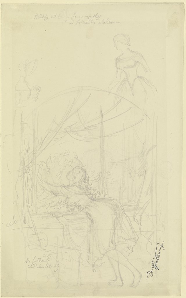 Mädchen am Fenster, einen Blumenstock umarmend, darüber Skizzen zweier Mädchen, Carl Spitzweg