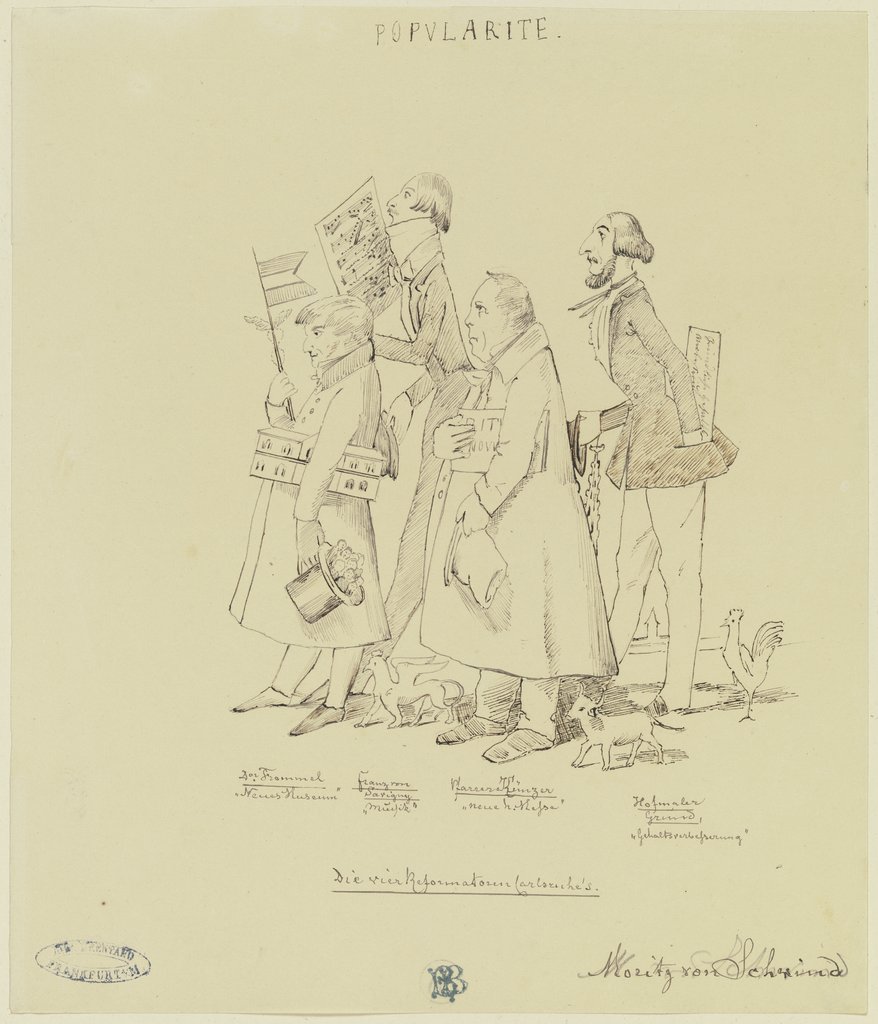 "Popularite" (Karikatur auf die vier Reformatoren Karlsruhes: Dr. Frommel, Franz von Savigny, Pfarrer Künzer, Hofmaler Grund), Moritz von Schwind