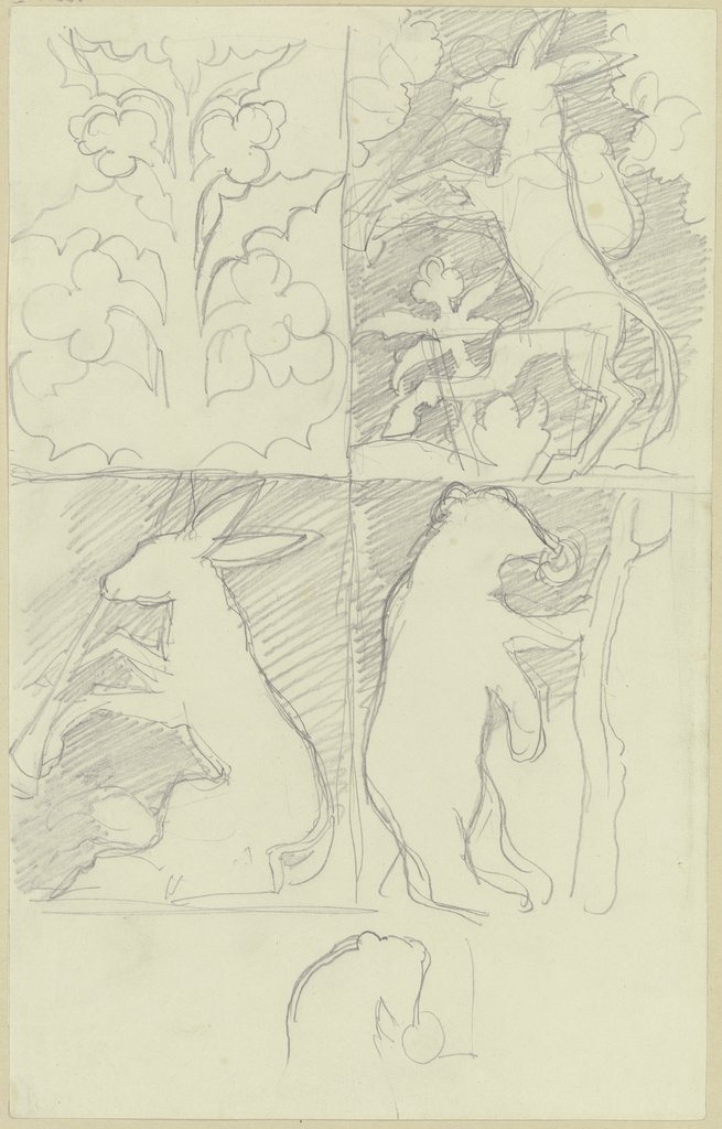 Kunstgewerbliche Entwürfe, in vier Feldern: Symmetrisches Gewächs, Esel mit Rucksack, Musizierender Esel und Bär mit Nasenring, Moritz von Schwind