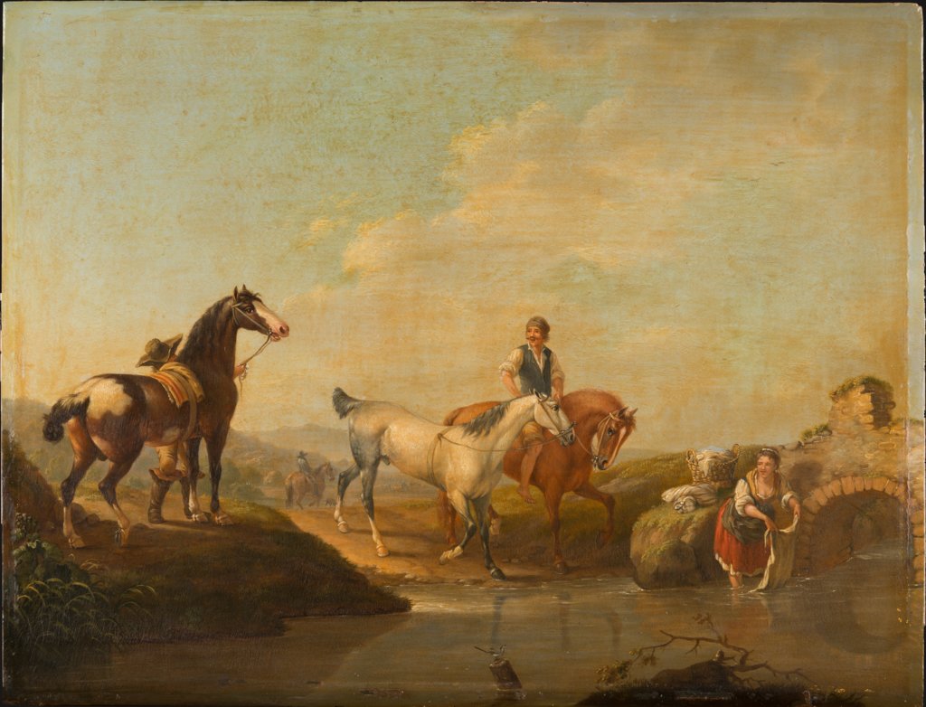 Ein Knecht reitet zwei Pferde zur Tränke, Johann Georg Pforr