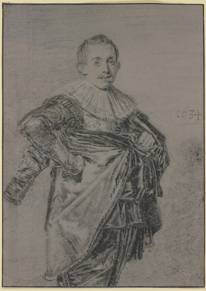 Junger stehender Mann mit Mantel und glatter Halskrause, Kniestück, Frans Hals