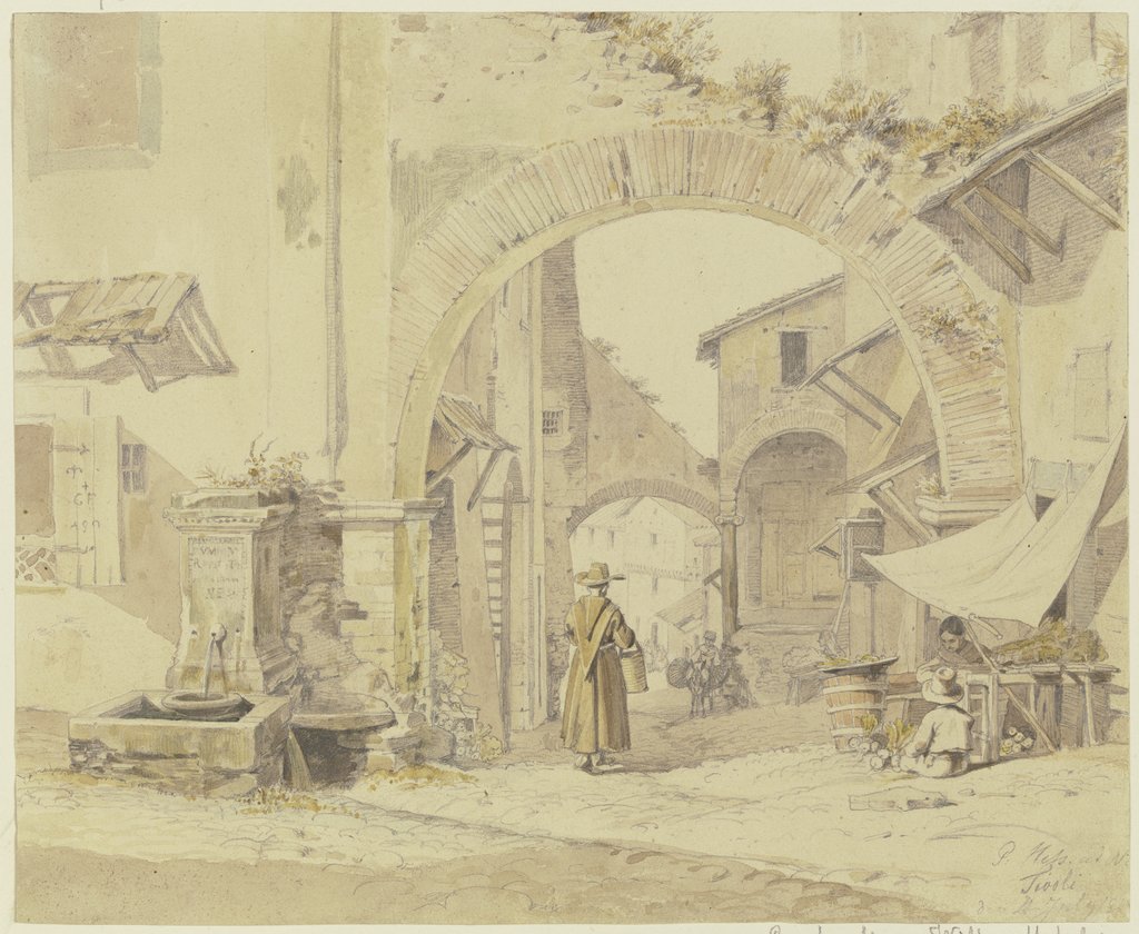 Straße in einem italienischen Städtchen (Tivoli), links ein Brunnen, rechts eine Gemüsehändlerin, Peter von Hess