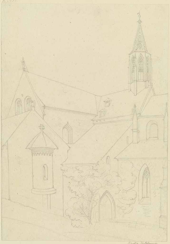 Ansicht einer Kirche mit gotischem Glockentürmchen, links ein Haus mit rundem Erker, auf dem Giebel ein Engel, Karl Ballenberger