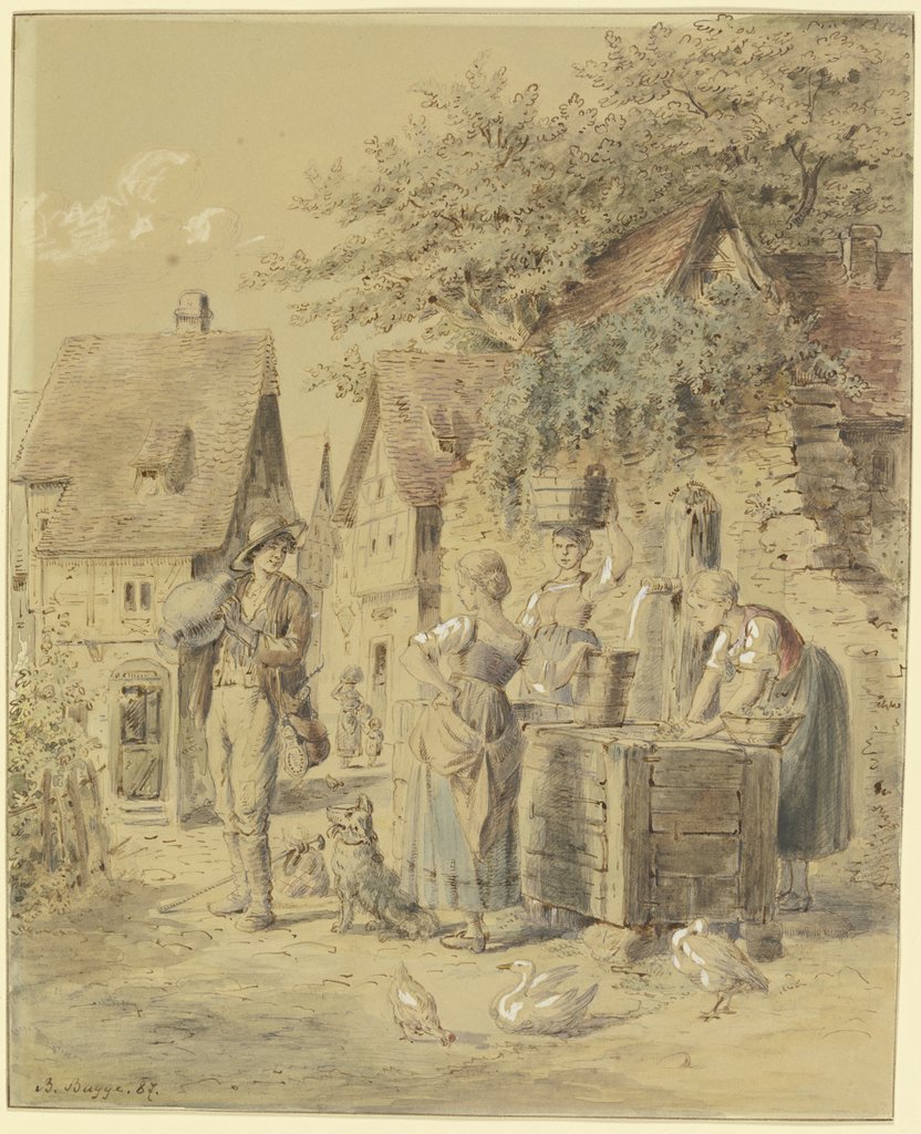 Mägde und Wanderbursche am Brunnen, Bertha Bagge