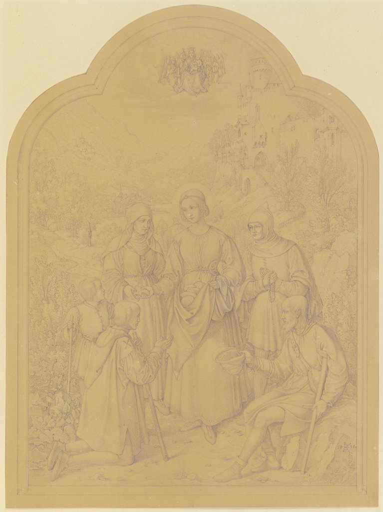 Hauptbild eines Altärchens: Die Heilige Elisabeth, wie sie Brot unter die Armen verteilt, Karl Ballenberger