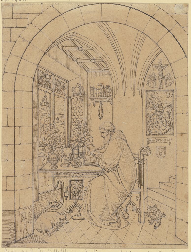Albertus Magnus in einem gotischen Zimmer studierend, links sein Hund, rechts eine Schildkröte, Karl Ballenberger