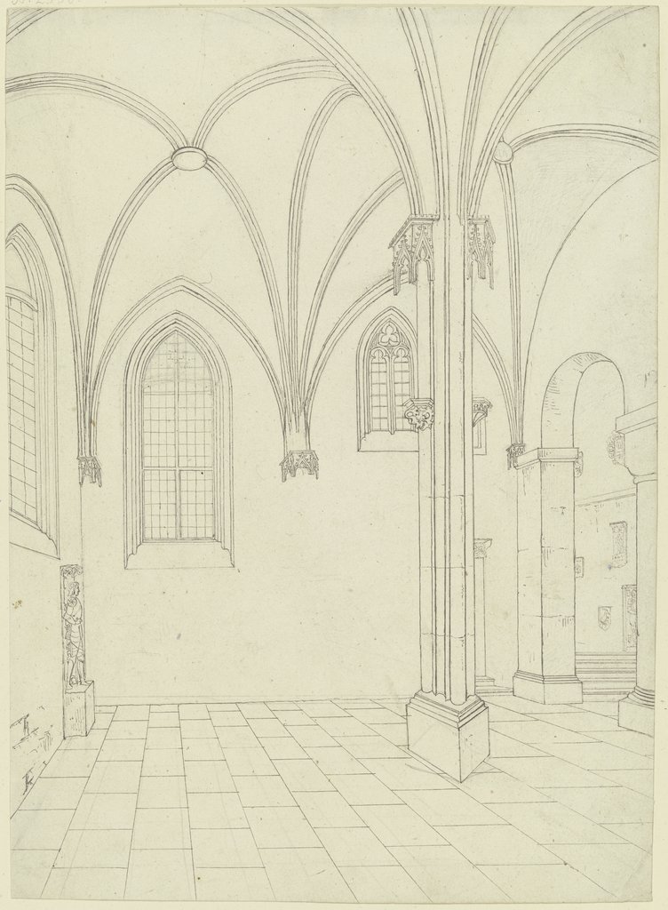 Inneres einer gotischen Kirche, links ein Grabstein mit einem Ritter, rechts einige Stufen, Karl Ballenberger